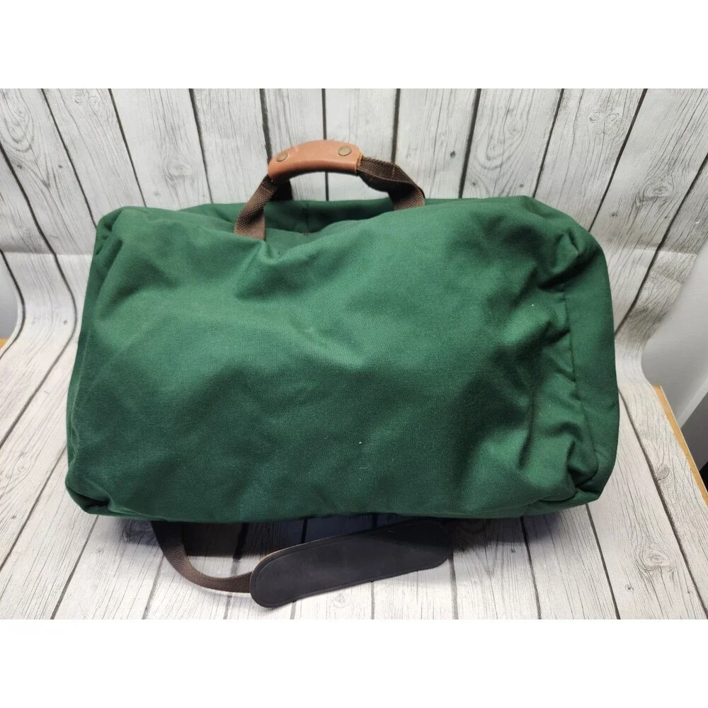Vtg L.L. Bean Forest Green Canvas Duffle Bag Leather Trim Brass Hardware Travel